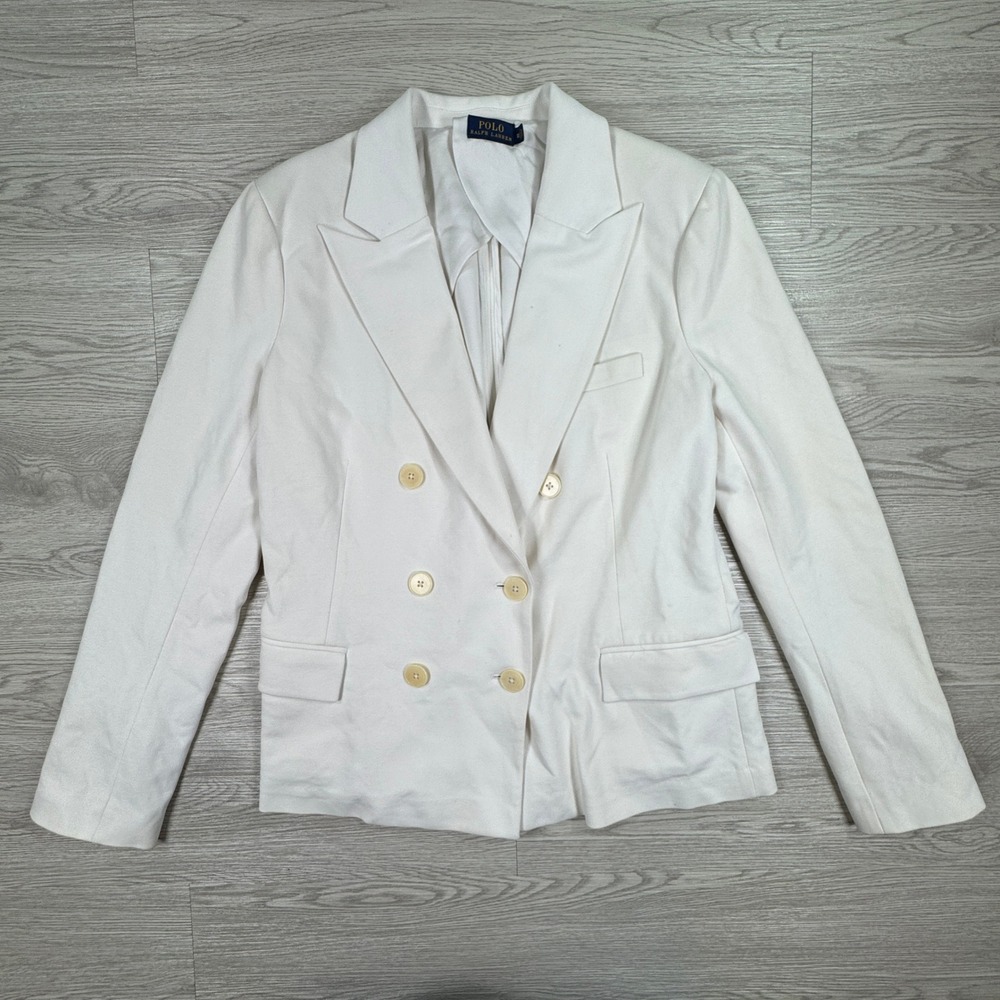 Polo Ralph Lauren Women's Blazer Double Breasted White Size 10 Cotton Blend